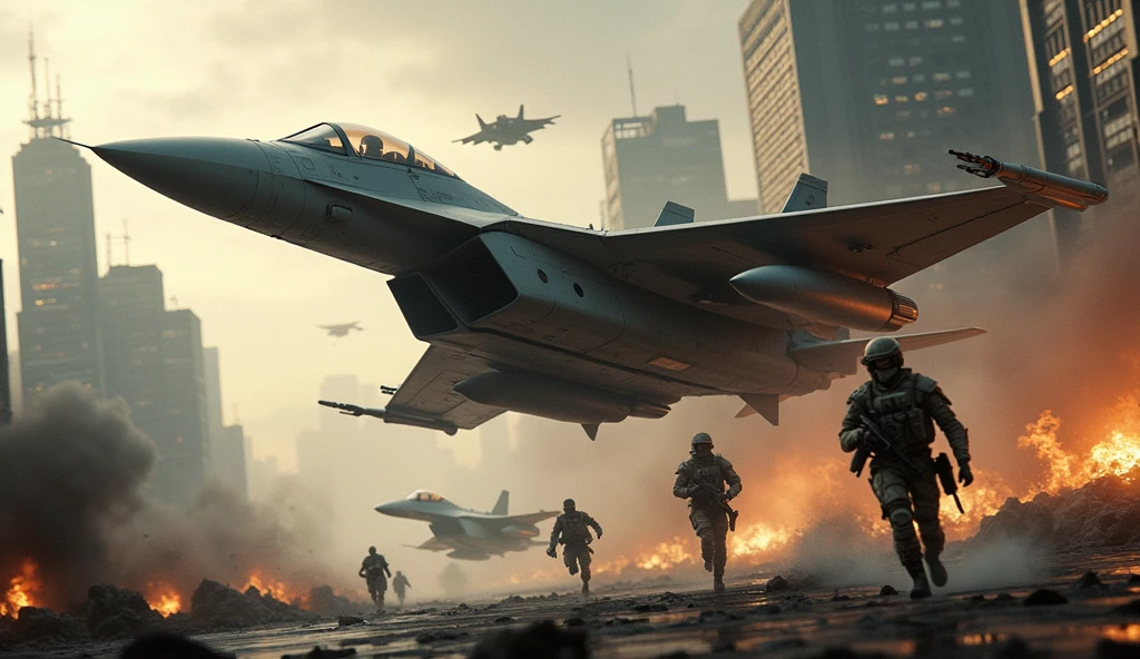 enemy jets attacking the city, futuristic jets with original shapes, accompanying infantry soldiers running around, detailed military vehicles, realistic military uniforms and equipment, dynamic military action scenes, burning flames in the background, flying dust and debris , cinematic lighting, gloomy and stagnant atmosphere, terrible battlefield reality Close-up view of a fighter jet, conveying the terrible reality of the battlefield,