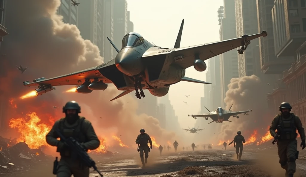 enemy jets attacking the city, futuristic jets with original shapes, accompanying infantry soldiers running around, detailed military vehicles, realistic military uniforms and equipment, dynamic military action scenes, burning flames in the background, flying dust and debris , cinematic lighting, gloomy and stagnant atmosphere, terrible battlefield reality Close-up view of a fighter jet, conveying the terrible reality of the battlefield,