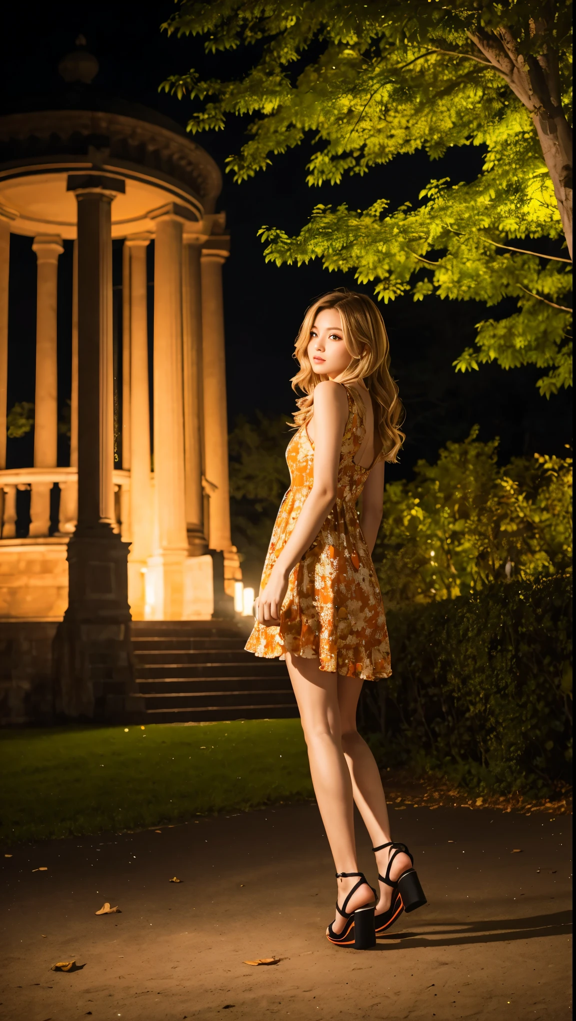 Full Body Shot、Outdoor、masterpiece、Highest quality、High resolution、Realistic、Park at night in pitch black、A woman wearing an orange see-through dress walking alone in a dark, deserted park、The back view of an 18-year-old beautiful girl wearing a white and orange floral dress.、looking back、A beautiful woman flees in fear from a man approaching her in a park in the middle of the night、With her long, wavy, dark blonde hair fluttering、Long legs、Beautiful legs、Platform Sandals、slim、model、Slender、若くてセクシーなグラビアmodel、Chest visible from the side、looking at the camera、Looking up、Permed, long, dark blonde hair、
