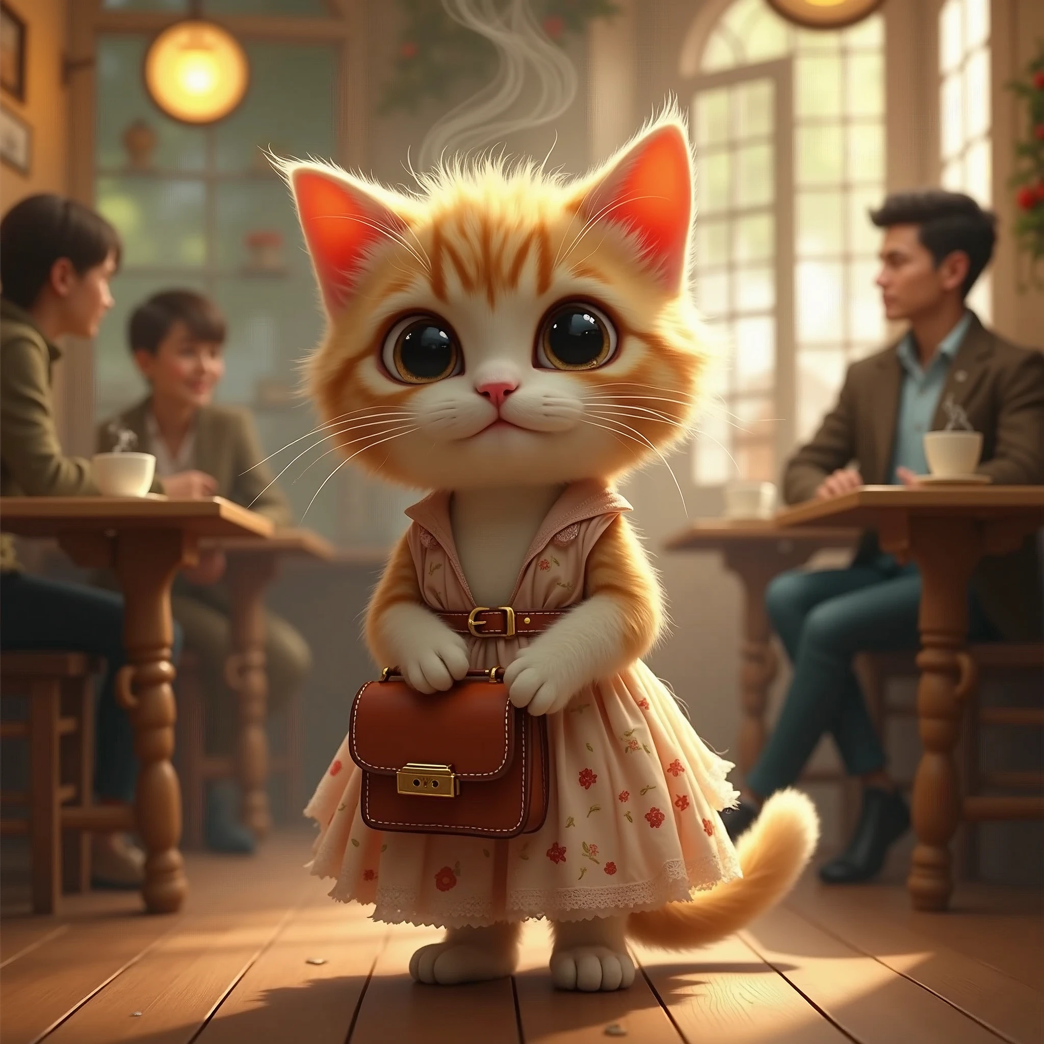 realistic image of a cat wearing a dress and holding a bag with a cafe background