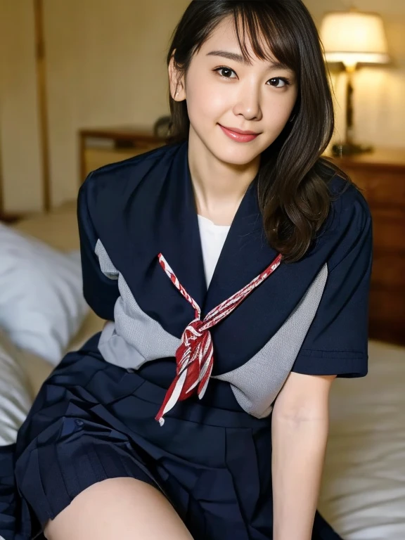 (Masterpiece, Best quality:1.4), (Ultra realistic, Photo-realistic:1.2), Natural light, 25 years old actress, Japanese women, Neat and clean, (Sailor suit, short sleeve suit:1.2), (Dark navy skirt:1.3), (Dark navy ribbon:1.2),(Ponytail:1.2), Short wavy hair, Light brown hair color, (Beautiful Face), Oval face, clear, (Beautiful eyes, Kind eyes), (Clear skin), Small face, (Small mouth), (Beautiful mouth), Natural makeup, Approachable, Luxury hotel Suite room, On bed, Seductive smile, (Seductive pose:1.2), (Beautiful thighs:1.1), (Bedroom eyes), (doggystyle:1.1),