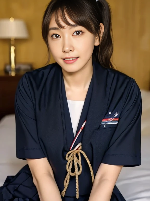 (Masterpiece, Best quality:1.4), (Ultra realistic, Photo-realistic:1.2), Natural light, 25 years old actress, Japanese women, Neat and clean, (Sailor suit, short sleeve suit:1.2), (Dark navy skirt:1.3), (Dark navy ribbon:1.2),(Ponytail:1.2), Short wavy hair, Light brown hair color, (Beautiful Face), Oval face, clear, (Beautiful eyes, Kind eyes), (Clear skin), Small face, (Small mouth), (Beautiful mouth), Natural makeup, Approachable, Luxury hotel Suite room, On bed, Seductive smile, (Seductive pose:1.2), (Beautiful thighs:1.1), (Bedroom eyes), (doggystyle:1.1),