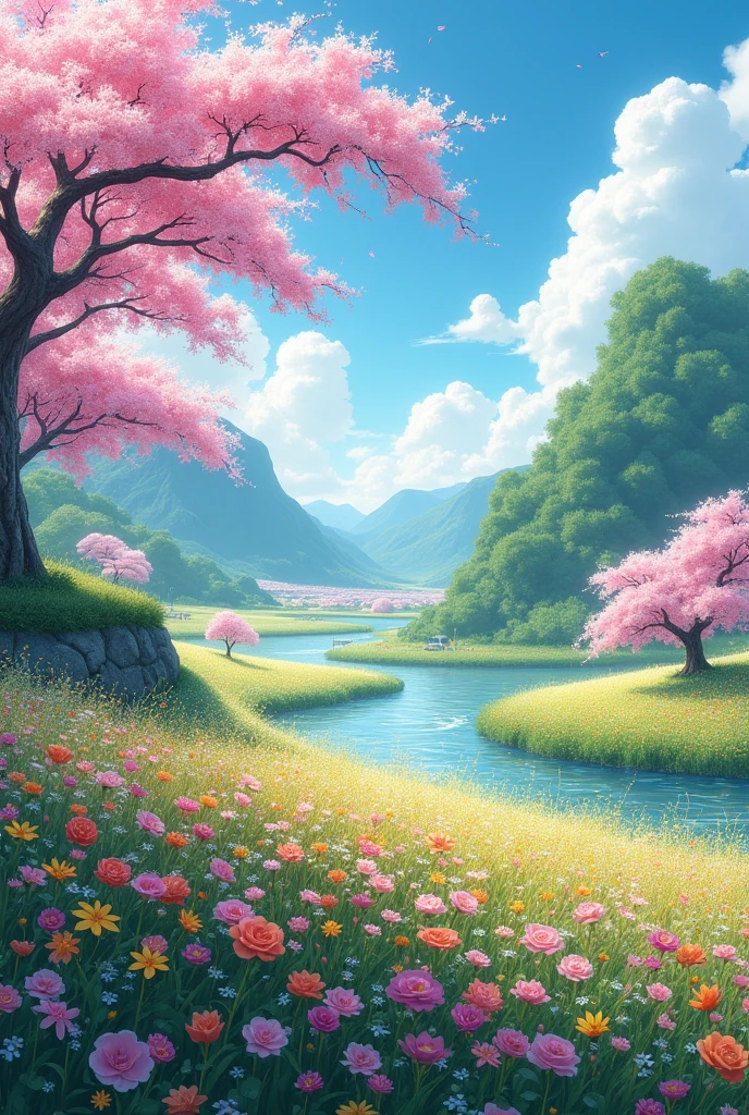 A big Sakura tree forest with a small river beside and the field filled with flowers 