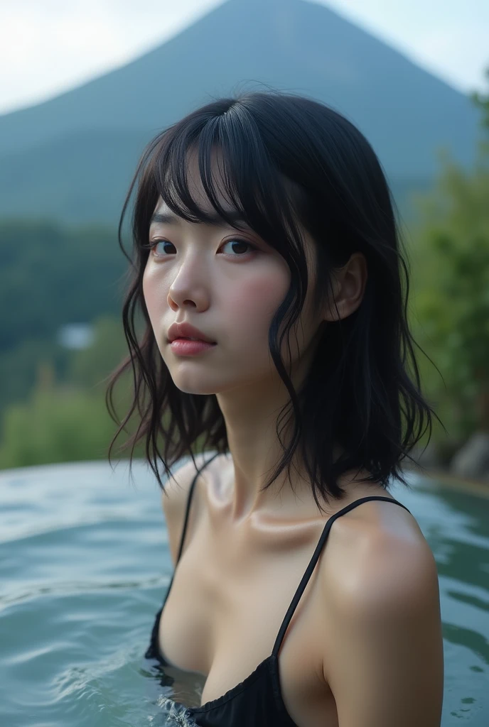 ((Hot springs overlooking the volcano:1.3)), (Tabletop:1.3), (8k, Realistic, RAW Photos, Highest quality: 1.4), Japanese, (1人の40 years oldの女性), Beautiful Face, (Realistic face), (Black Hair), Beautiful hairstyle, Realistic eyes, Beautiful attention to detail, (Realistic skin), Beautiful Skin, Charm, 超High resolution, 超Realisticな, Very detailedな, Golden Ratio,. (3. Gills:1.5), (Sony Alpha 1, 50.1 megapixel full-frame CMOS sensor, 8kビデオ録画機能), (telescope lens), (Realistic),(8k, 超High resolution, Highest quality, Tabletop:1.2),Very detailedな,Beautifully detailed face, Complete Anatomy,(Beautiful attention to detail:1.3),40 years old, Tabletop, Highest quality,Kiss Face,,Embarrassed expression, Small breasts,Flat Chest，Very delicate and beautiful,4⃣、Very detailed, Hmph, Unity, 8k wallpaper, wonderful, In detail, Very detailedな, High resolution, Very detailedな, Very detailedな目と顔,Wet, Flat Chest, (Hakone Hot Springs ,Kusatsu Onsen,Noboribetsu Onsen,Dogo Onsen,Beppu Onsen Village),night,