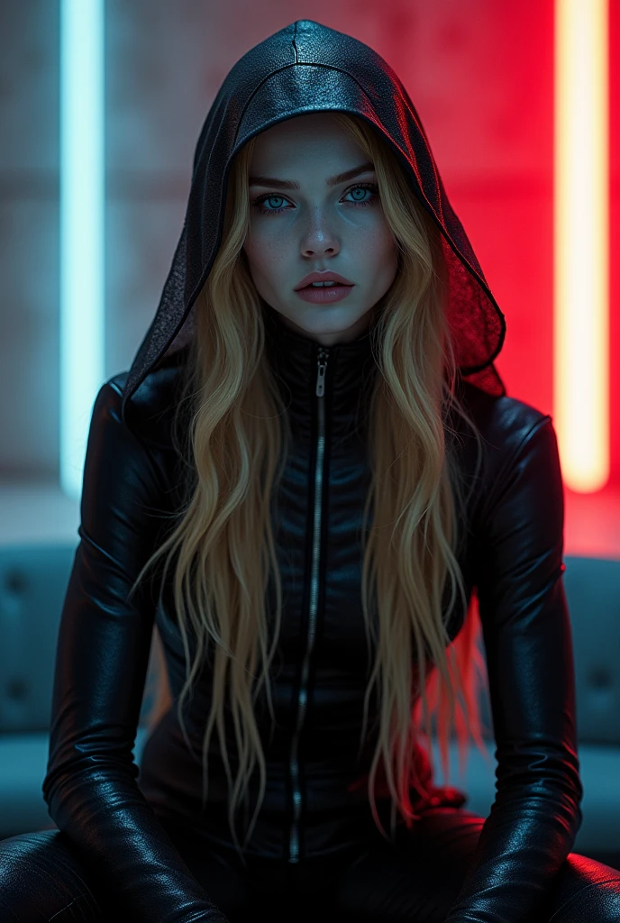 Fashionable of androgynous alien looking witch wearing veil, glowing eyes, beautiful evil slavic muscular woman, pale skin, long dark gold hair, futuristic design, minimal details, givenchy, photoreal, 200mm, hd, f/ 2.0, highly detailed, surreal , drop dead, in the style of red and blue, (intricate details, hyperdetailed:1.15) (skin texture:1.2), cinematic, professional, 4k, (((dynamic model pose))), sitting, full body