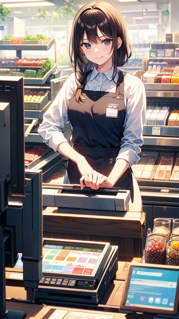 young woman,smile,((Standing inside the cash register)),Touching the cash register machine,Customer Service,((There is a cash register on the table)),(Scanning product barcodes at the cash register)),Supermarket clerk,Wearing an apron,uniform,((Working as a cashier)),((Cashier)),((cashier,register,)),((Receive money from customers)),There are products on the shelves,In the supermarket,Bright interior,grocery store