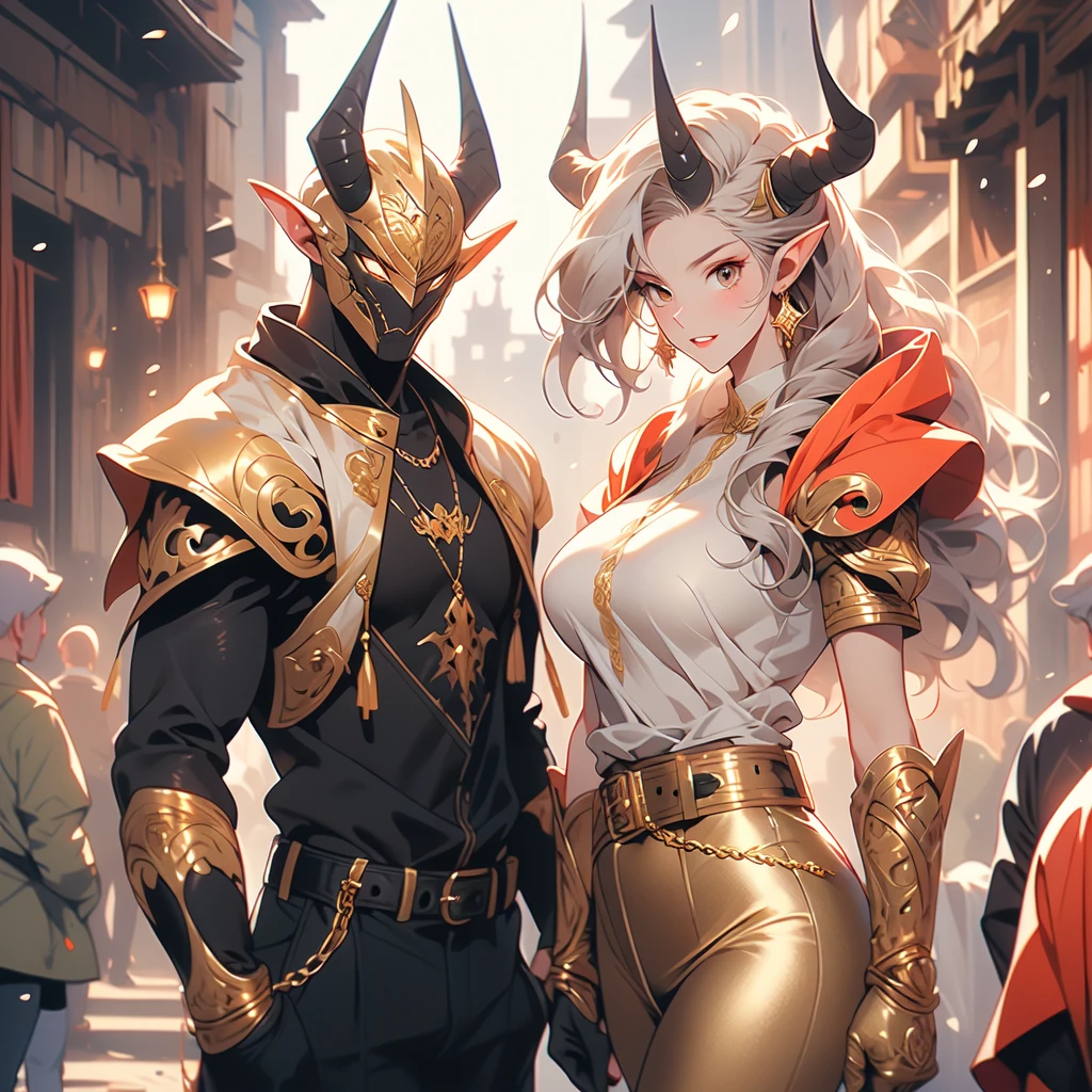 ((best quality)), (detailed), 1 women big pornstar heavy knight armor, 8k_wallpaper, extremely detailed eyes, (large masterpiece digital art), (intricate details:1.3 ), (ultra-detailed:1.3), (sharp focus:1.3), (natural lighting:1.05), (vivid colors:1.3), (best quality:1.4), expressive eyes, full body, detailed face, beautiful face, perfect face, ((hair sandy white curls)), ((gold horns)), (gold eyes), {{dark skin}}, ({dark skinned female}), (big breasts), huge chest, big wide ass, powerful relief muscles of the abdomen and legs, powerful strong muscles of the arms, belly piercing with blue emeralds, cruel predatory and cold-blooded arrogant look and smile, an open red coat with rolled up sleeves, a translucent white crop top very clear outlines of huge pointed nipples with large piercings under the fabric, steel combat pauldrons, steel bracers and leather gloves, leather shorts under which I can see the clear outlines of a big vagina, walks along the path against the backdrop of a ruined elf village and flowering vines and wild forests, style fantasy and adventure world,