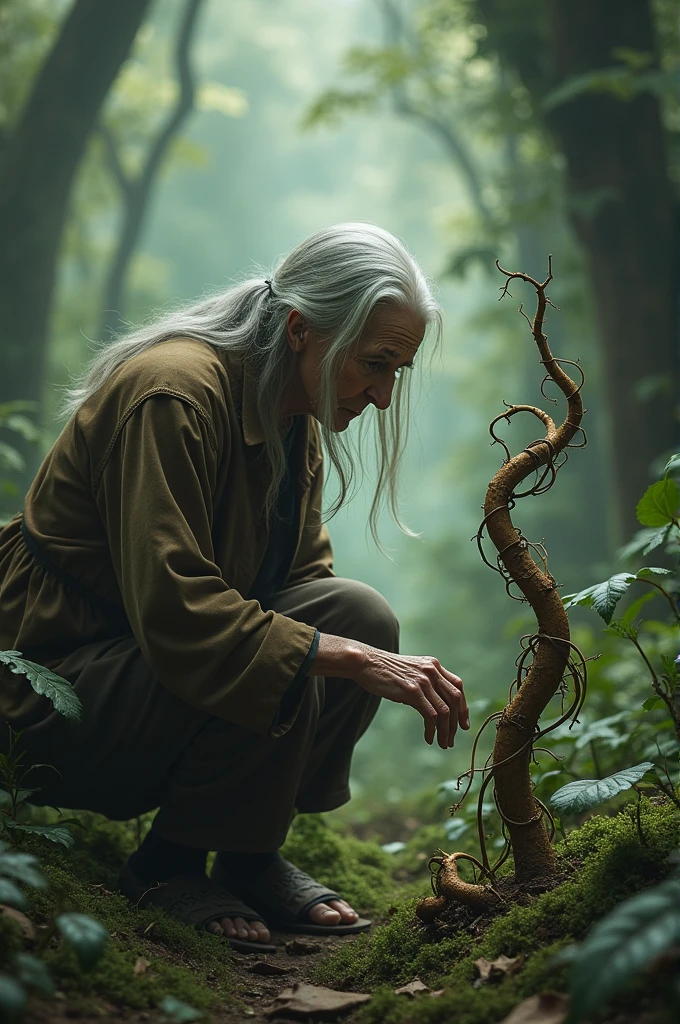 Old woman encounters a shrivelling vine in a forest