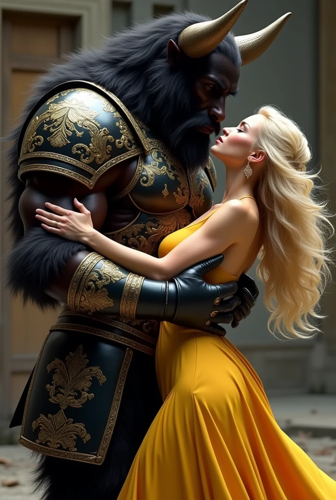 There's a large black-furred muscular male minotaur wearing gloss black renaissance armor:1.4, engraved with gold etching, a beautiful blonde woman is standing wearing a yellow buxom gown, he is standing behind her reaching around to hold her, she is moaning in extasy