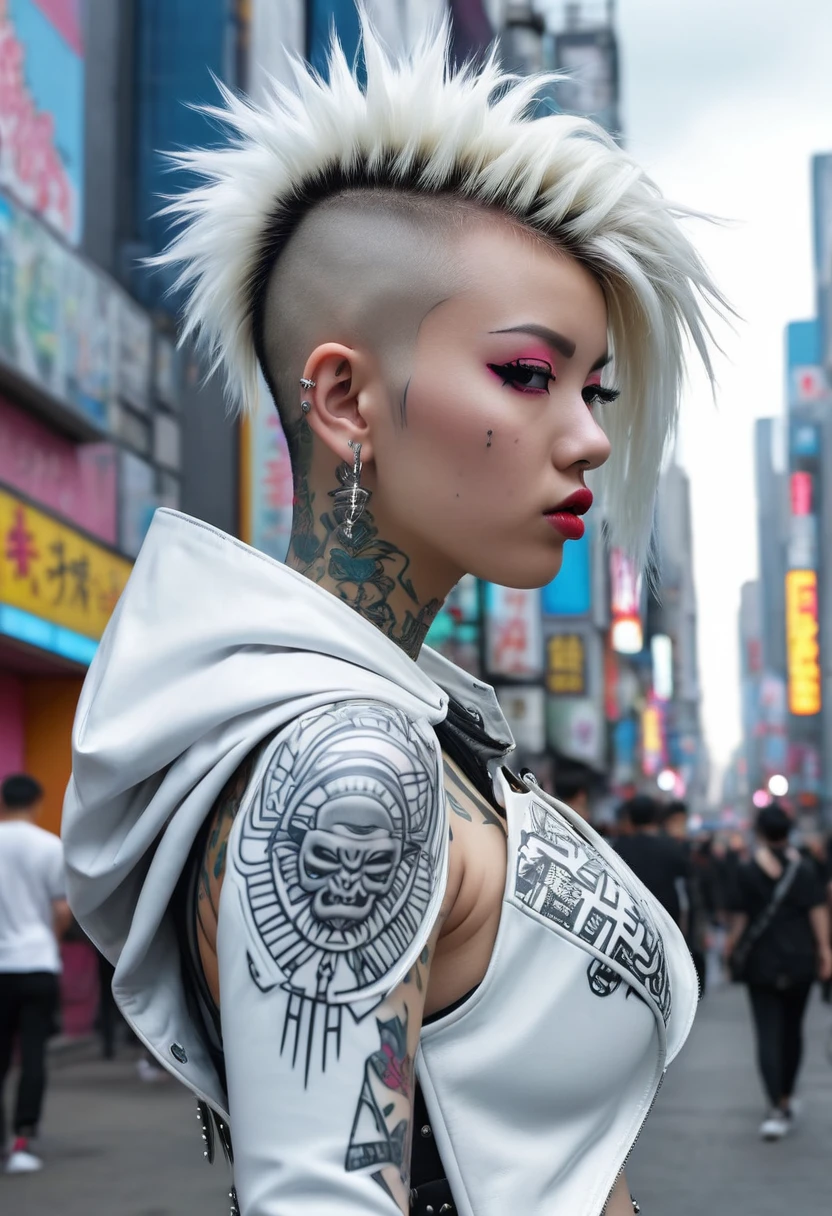 throw: ((((Massive giant ass)))) Short platinum white mohawk punk rock style, Futuristic cyberpunk battle armor with a Harajuku-style hood, tons of tattoos and piercings, skinny, thin thick, small waist, 8 K, uhd, (seductive emphasized and raised ass), futuristic cyberpunk city background