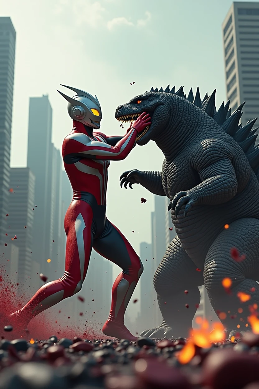 Ultraman fight Godzilla ,two hand ripping Godzilla mouth splitting two . Epic fight. Blood splash effect. Tilt shift photography