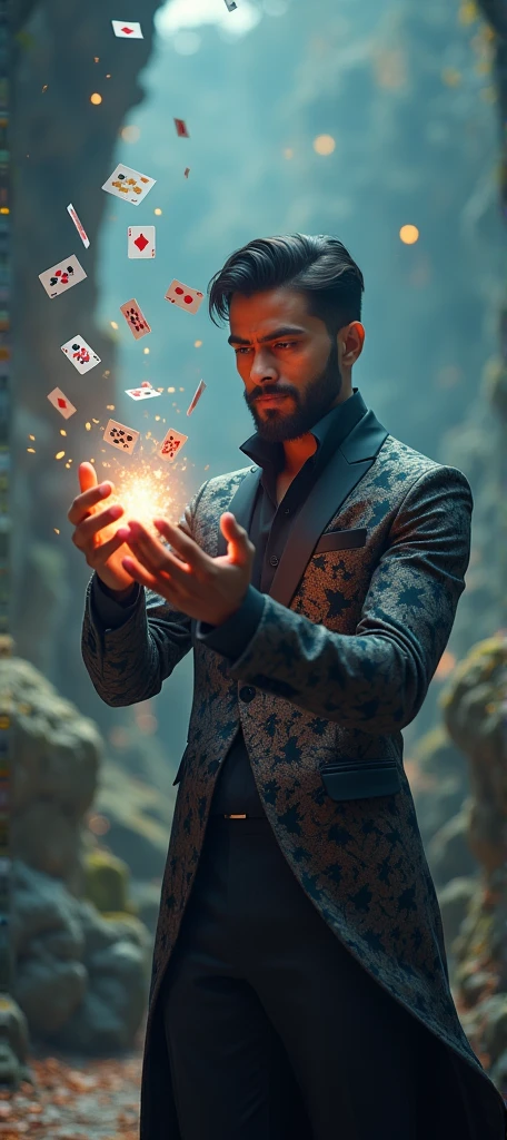 Floating card trick in a fantasy world, Cinematic lighting with dramatic shadows, Exquisite details、Atmosphere, Rich colors and masterpiece-level realism, Detailed 8K HDR images.Modern clothing，Indian handsome，