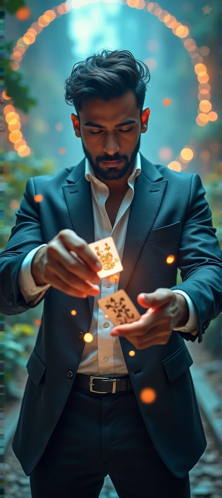 Floating card trick in a fantasy world, Cinematic lighting with dramatic shadows, Exquisite details、Atmosphere, Rich colors and masterpiece-level realism, Detailed 8K HDR images.Modern clothing，Indian handsome，