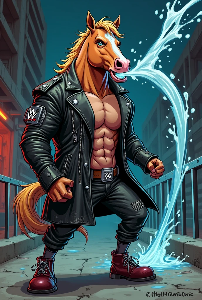 cartoon horse dressed like wrestler Hunter Hearst Helmsley wearing a biker jacket and spitting water

