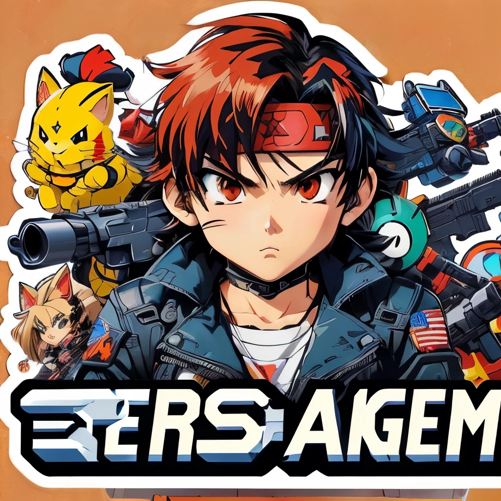 a sticker of an animated character with weapons and other characters, trigger anime art style, game logo, telegram sticker, artgrem, offcial artwork, cartoon art style, 80s anime art style, 80s Anime Style, ig studios anime style, telegram sticker design, for an aaa game, toriyama akira, mgs, cyber games, offcial art