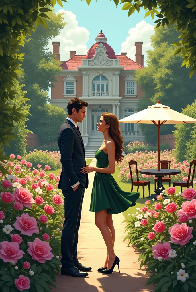 A garden full of roses, orchids, different varieties of flower in which one female is talking with one male. Beside them there is a table with chair and umbrella. Behind them there is beautiful mansion .