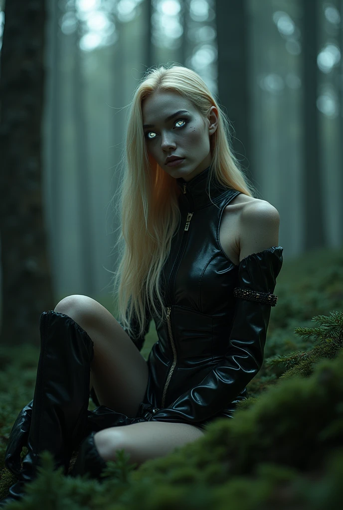Fashionable of androgynous alien looking witch, glowing eyes, beautiful evil slavic muscular woman, pale skin, long dark gold hair, light smile, futuristic design, minimal details, givenchy, photoreal, 200mm, hd, f/ 2.0, sitting in a gloomy spruce forest, highly detailed, surreal , drop dead, in the style of red and blue, (intricate details, hyperdetailed:1.15) (skin texture:1.2), cinematic, professional, 4k, (((dynamic model pose))), full body, mesmerizing, dynamic, dramatic, sensual, dynamic pose, highly detailed skin with hair, subcutaneous veins, light and shadow play, highly detailed,24mm photograph, film, bokeh, professional, 4k,