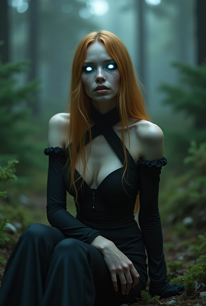 Fashionable of androgynous alien looking witch, glowing eyes, beautiful evil slavic muscular woman, pale skin, long dark gold hair, light smile, futuristic design, minimal details, givenchy, photoreal, 200mm, hd, f/ 2.0, sitting in a gloomy spruce forest, highly detailed, surreal , drop dead, in the style of red and blue, (intricate details, hyperdetailed:1.15) (skin texture:1.2), cinematic, professional, 4k, (((dynamic model pose))), full body, mesmerizing, dynamic, dramatic, sensual, dynamic pose, highly detailed skin with hair, subcutaneous veins, light and shadow play, highly detailed,24mm photograph, film, bokeh, professional, 4k,