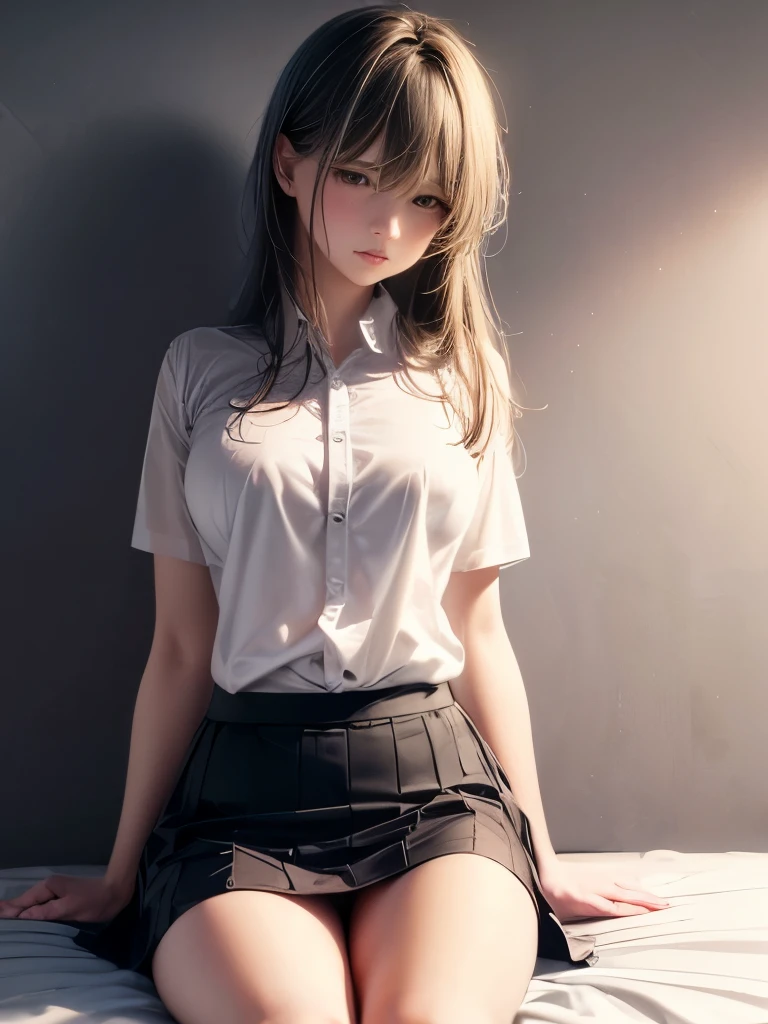 Delicate depiction, Sheer white shirt,Body lines are visible (((masterpiece, Highest quality)), No underwear, 1 person, (Photorealistic 8K Wallpaper: 1.4), alone, White Background,studio,  Black Hair, Long Hair, Absolute area, skirt, ((whole body)),  Blushing with embarrassment, 