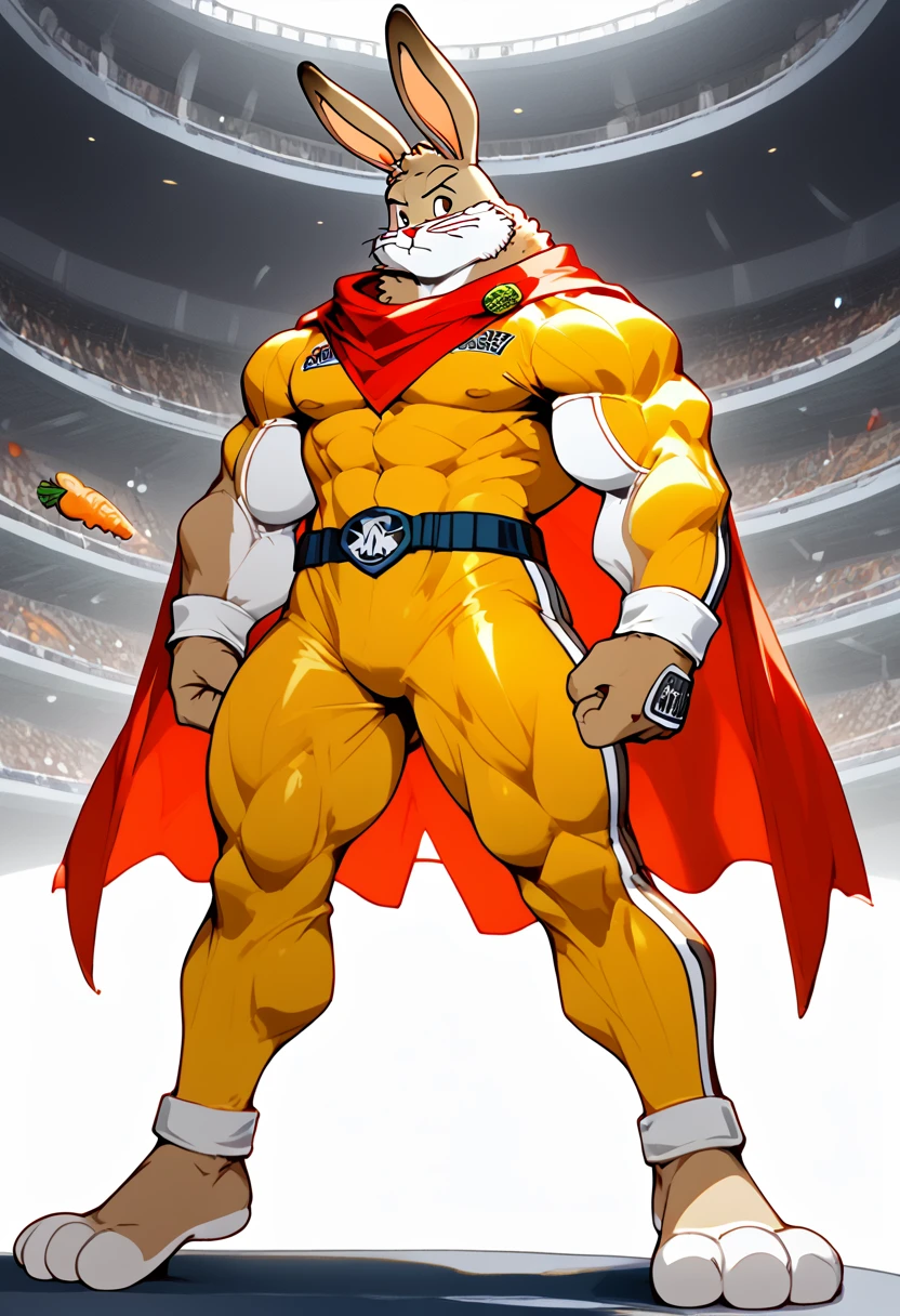 a anthropomorphic toon furry white/brown rabbit buff,muscular brut, wearing a superhero suit ,captain carrot,thick,red cape,big buff neck ,a red bandanna mask on the forehead,bunny,yellow suit,80’s style. He's androgynous and a sensual , cool expression,full body.The scene has a cool,sweet,sexual,samurai style and a vibrant tone. Metropolis setting in the background
