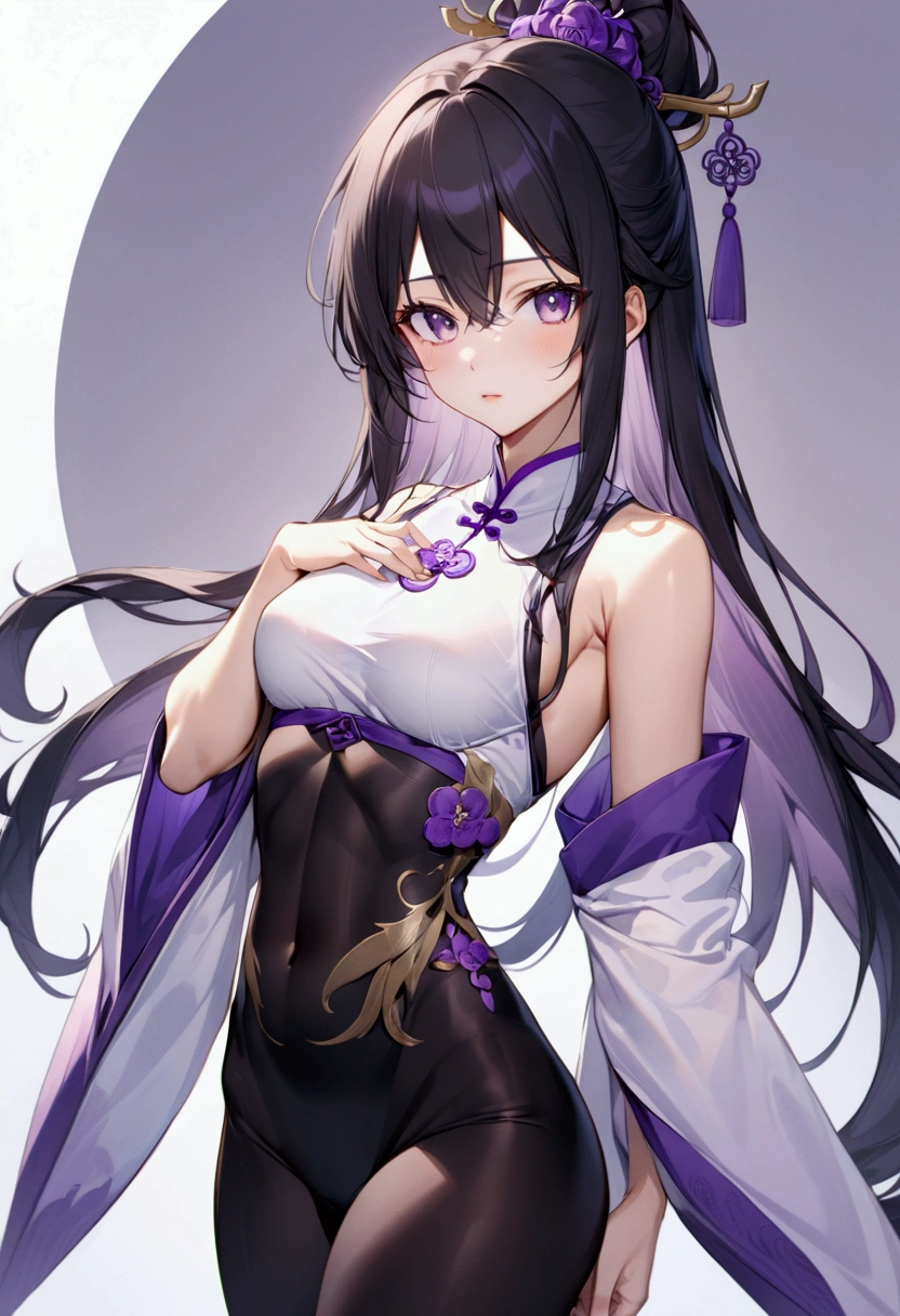 Anime girl with long straight black hair with dark purple highlights ,purple eyes,athletic body,taoist, detailed body, detailed eyes, masterpiece, best quality, aesthetic, standard pose