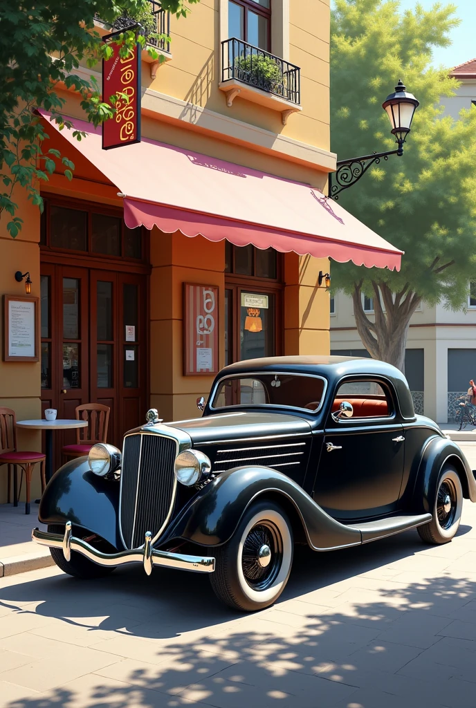  ( perfect anatomy )masterpiece, Exquisite, delicate, fresh and elegant aesthetic style airbrush digital oil painting exquisite artwork creates a refreshing morning coffee shop scene photo，

                    Black antique car(Unique style)Close-up of a vintage car( perfect anatomy ) Elegantly parked on the street next to a coffee shop.coffee shop scene masterpiece,

                             Very detailed, Realistic original photos, Best film quality, Extremely fine texture, High-quality work by a master artist