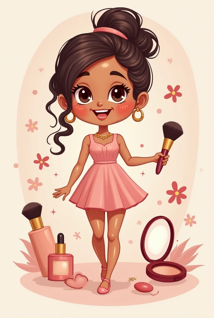 A confident and elegant cartoon girl in a dress radiating happiness and vibrancy. Makeup surrounds her, and she exudes good health.