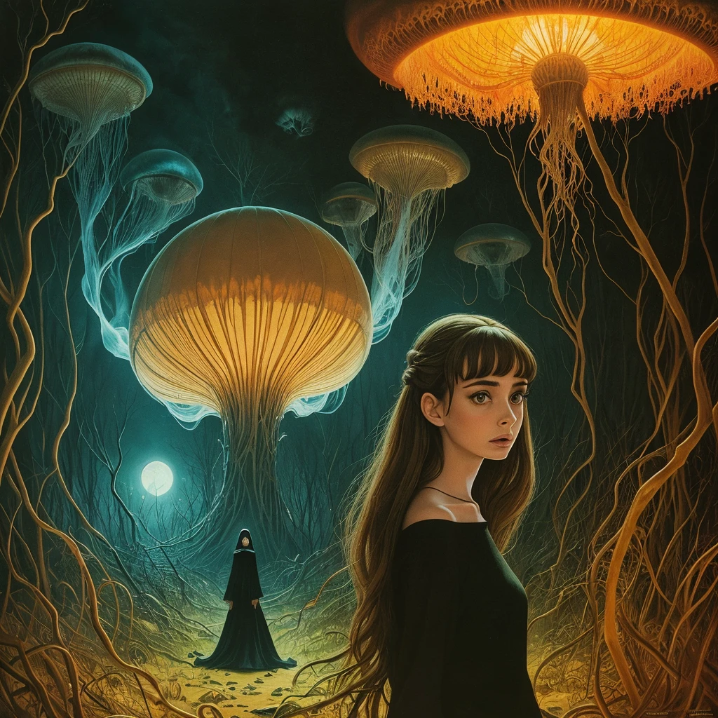 golden hour, paranormal activities, surreal portrait of a beautiful scared young woman with face of Audrey Hepburn morphed with Anne Hathaway screaming running away from taxes and dancing, colorful forrest with weird trees, cathedral, gigantic jellyfish ufo producing tornado whirlpool, psyhodelic horror mood, color pencil art in style of zdzisław beksiński