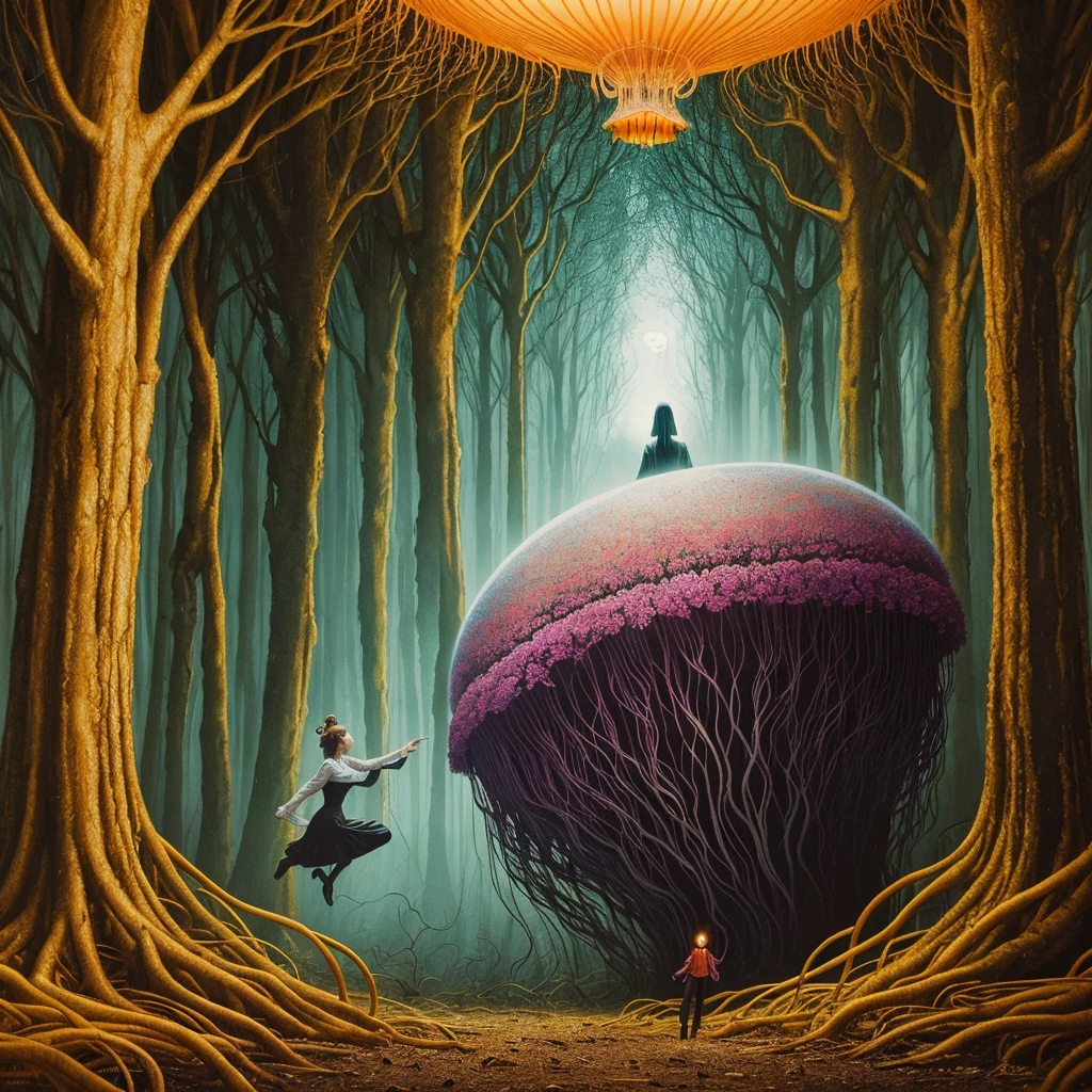 golden hour, paranormal activities, surreal portrait of a beautiful scared young woman with face of Audrey Hepburn morphed with Anne Hathaway screaming running away from taxes and dancing, colorful forrest with weird trees, cathedral, gigantic jellyfish ufo producing tornado whirlpool, psyhodelic horror mood, color pencil art in style of zdzisław beksiński
