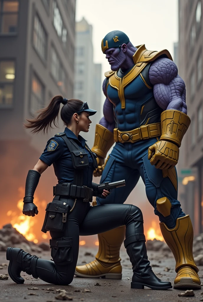 a fight between Thanos and the lady police and the lady police is stopping Thanos from moving forward, She taking gun in her hand and Thanos is kneeling down in front of lady police