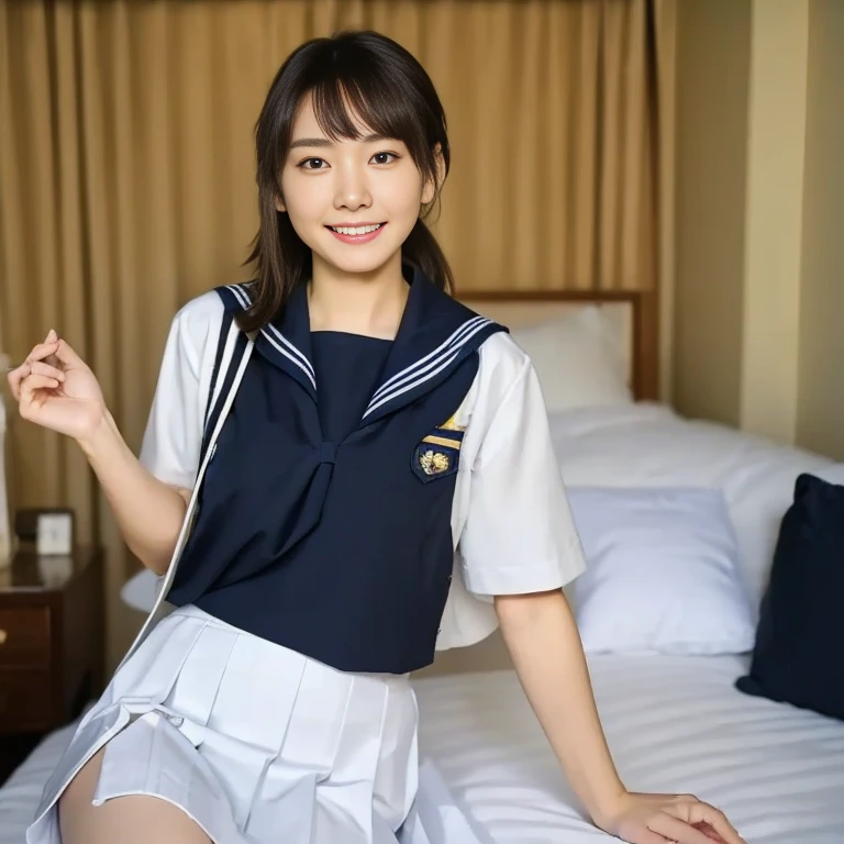 One girl, Short hair up to shoulders,Black Hair,smile, summer, room,Bed,Sit down,,Honor student and energetic,Look at this,front,Sailor suit,Skirt above the knee,Down to the feet,Fair skin, (masterpiece, Highest quality), Soft Light, Structure of the film, Like in the movies