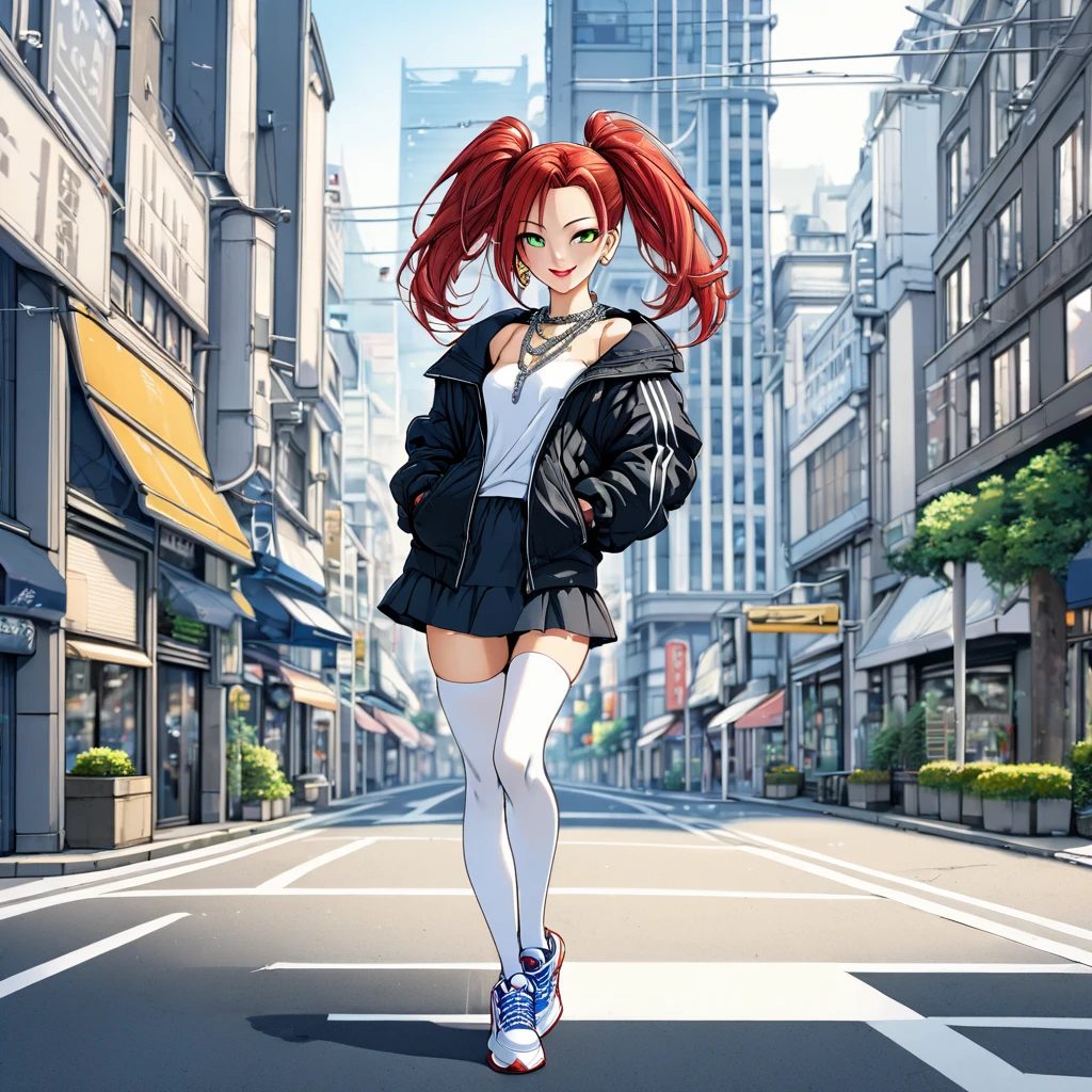 (((Masterpiece, hiquality, absurdress), 1Woman, red hair, long hair, twintail hair, green eyes, a perfect face, the perfect body, small breastes, sports body, short stature, solo, Detailed eyes and face, makeup, ((red-lips:1.3)), earings, ear piercings, a blue shirt, ruffled red skirt, black puffy jacket, white thighhighs, sports sneakers, Clavicles only, chain necklace, city street background, by Amano Akira, ((full body:1.5)), looking at viewer, elegant smile