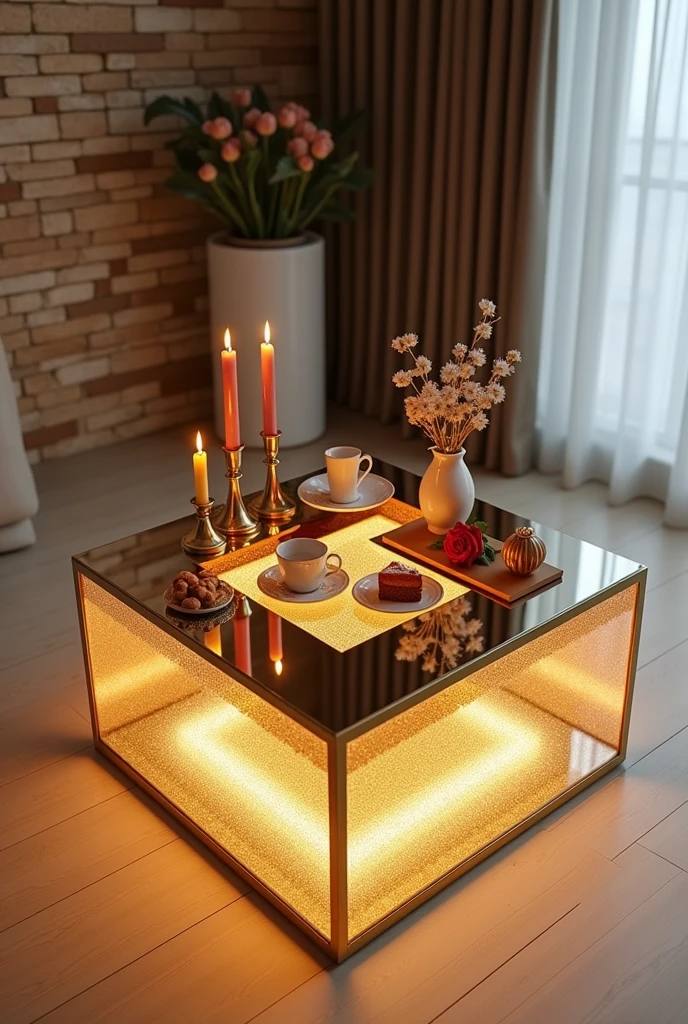 A small square table measuring 50 cm in length and 50 cm in width, handcrafted for coffee use. It features a two-way mirrored glass surface, creating a stunning visual effect resembling a tunnel or deep well, and illuminated from within by warm golden LED lights. The walls are covered with 3D wallpaper that mimics the look of brick. The table is decorated with simple decorations including golden candlesticks, small flowers, a cake mold, nuts, a red rose, and a teacup. The table is placed on a light-colored wooden floor, and its design combines simplicity and elegance with a touch of modernity, making it a distinctive piece of art in any room or salon.