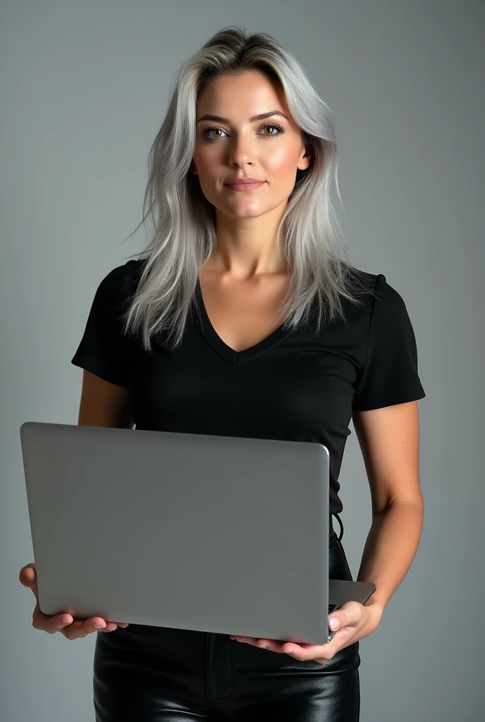 woman, 30 years, holding a laptop in their hands, Anna Nikonova, aka Newmilky, Ava Max, Portrait of Kim Petras, Photo of the model, light gray hair, hair below the shoulders, black short top and black leather pants, standing straight, looks at the camera