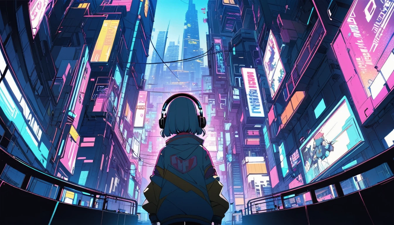 Ultra Wide Angle， Listening to jazz music with headphones、alone、Lofty Girl，Cyberpunk Style，anime， Lo-fi art style、Lofty Girl aesthetic, ghailan、animeの美学、relaxed mood，Lo-fi illustration style，Music Jacket，Building district