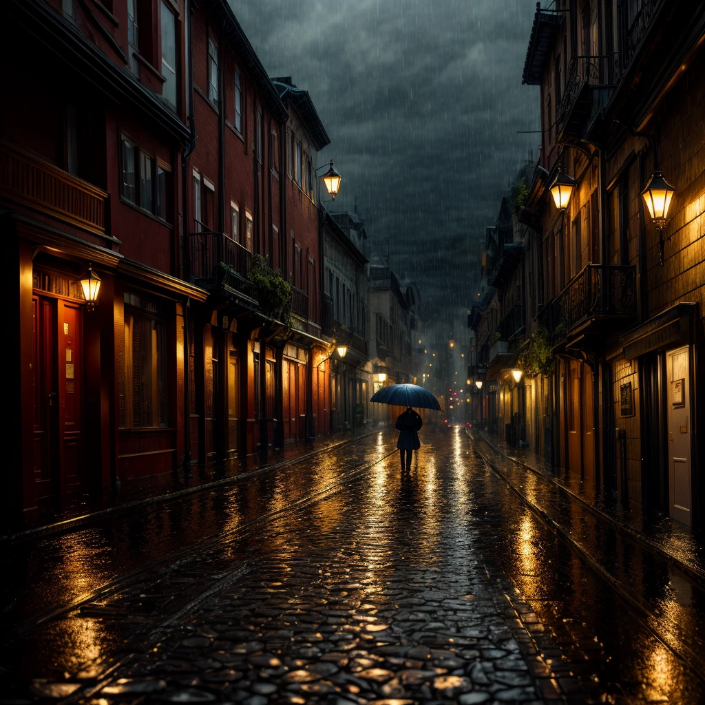 Highly detailed, intricate, ultra-detailed, town drenched in heavy rainstorm. Large raindrops cover the road. The scene is dark and mysterious, with the umbrella and the two figures. The alley is slippery with water and puddles form. Super delicate, photographic and intricate photographic details.