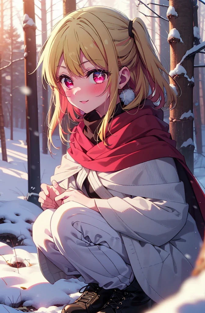 rubyhoshino, Hoshino Ruby, Long Hair, bangs, Blonde, (Pink Eyes:1.3), Side Lock, (Symbol-shaped pupil:1.5), Multicolored Hair, Two-tone hair, smile,,smile,blush,white breath,
Open your mouth,snow,Ground bonfire, Outdoor, boots, snowing, From the side, wood, suitcase, Cape, Blurred, , forest, White handbag, nature, Squat, Mouth closed, Cape, winter, Written boundary depth, Black shoes, red Cape break looking at viewer, Upper Body, whole body, break Outdoor, forest, nature, break (masterpiece:1.2), Highest quality, High resolution, unity 8k wallpaper, (shape:0.8), (Beautiful and beautiful eyes:1.6), Highly detailed face, Perfect lighting, Highly detailed CG, (Perfect hands, Perfect Anatomy),