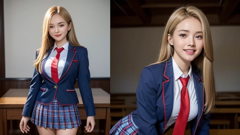 (8k, RAW Photos, Highest quality), Stand in the classroom of school, (((((((One Woman))))))), ((blonde)), ((Semi-long hair)), ((Detailed eyes)), ((smile)), ((Red tie)), (((Dark Blue Blazer))), (((A blue checkered pleated mini skirt that hugs the hips))), Asymmetrical bangs, 少しのsmile, Thighs, knees, Random Pause,pretty girl,Slender,Perfect body、(((1 female)))、(((Beautiful and accurate five fingers)))