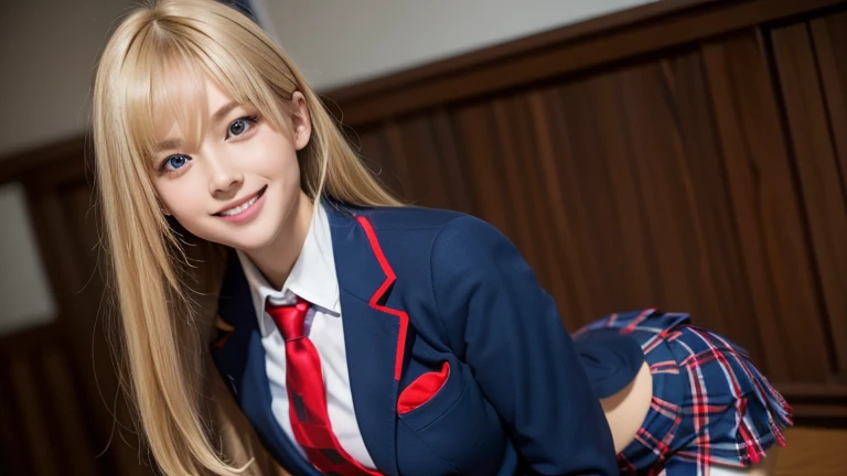 (8k, RAW Photos, Highest quality), Stand in the classroom of school, (((((((One Woman))))))), ((blonde)), ((Semi-long hair)), ((Detailed eyes)), ((smile)), ((Red tie)), (((Dark Blue Blazer))), (((A blue checkered pleated mini skirt that hugs the hips))), Asymmetrical bangs, 少しのsmile, Thighs, knees, Random Pause，pretty girl，Slender,Perfect body、(((1 female)))、(((Beautiful and accurate five fingers)))