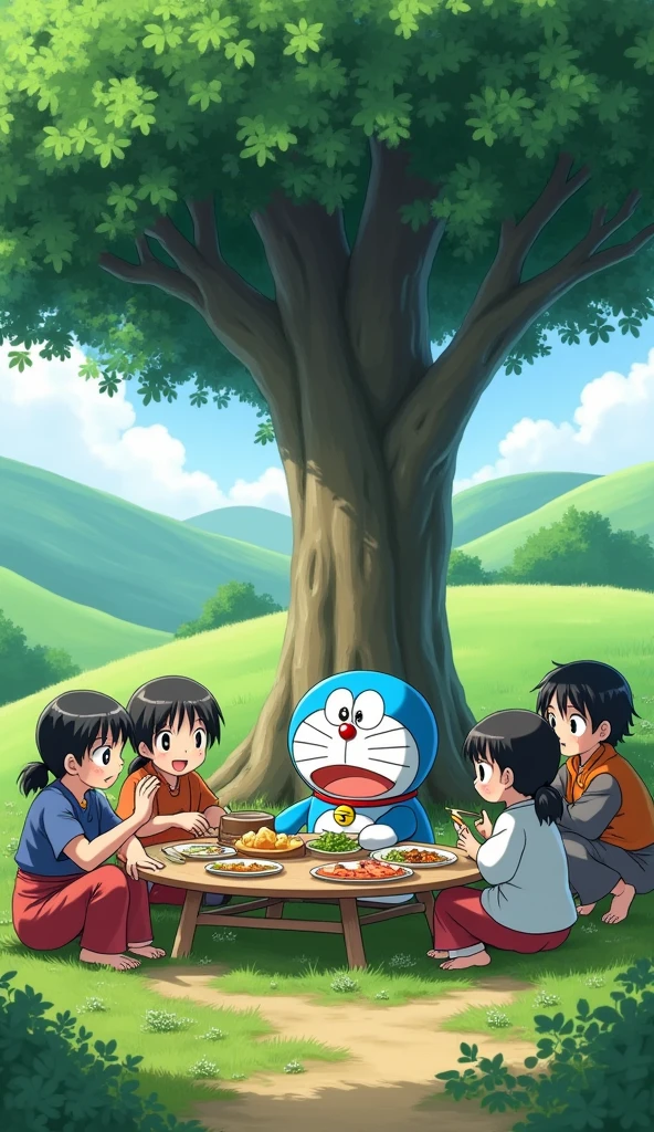 After work, Doremon sat down with the rural people to enjoy a warm lunch under a tree