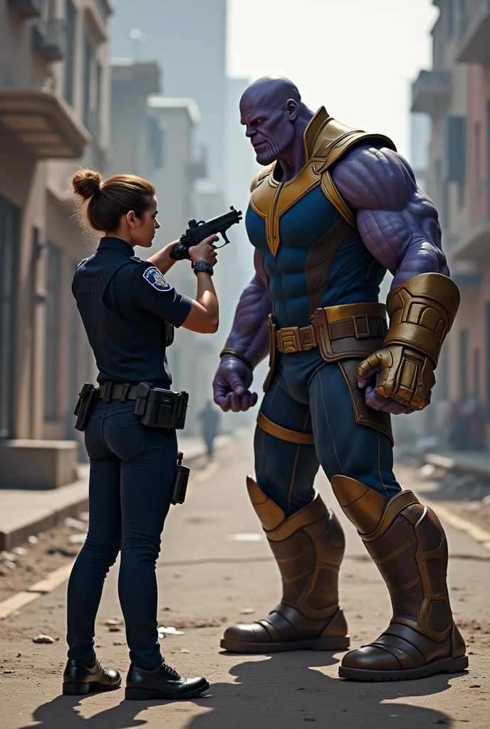 a fight between Thanos and the lady police and the lady police is stopping Thanos from moving forward, She taking gun in her hand and Thanos is kneeling down in front of lady police