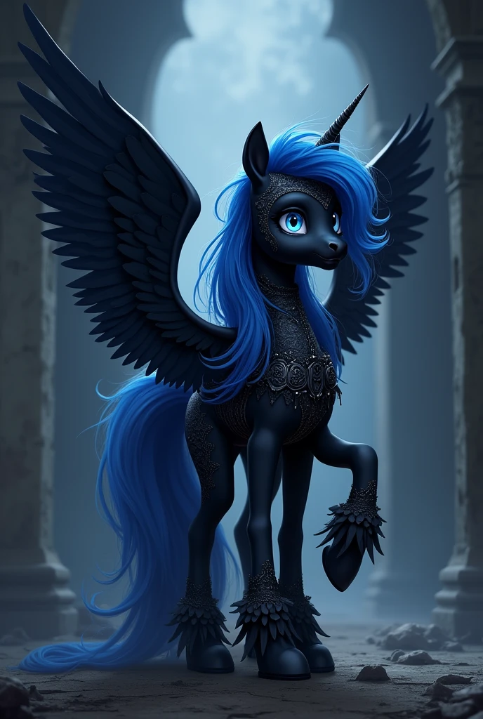 2d style my little pony original character with wings, gothic styled outfit, and a fluffy/messy mane & tail.
colors black & blue