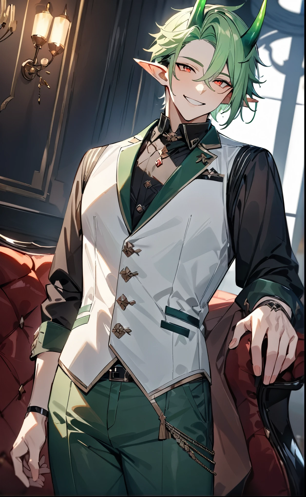 (masterpiece),(Highest quality), (Detailed),One Man,Has dark green horns,(Light green hair color),Asymmetrical short hair:1.2,vivid red eye:1.2,Elf Ears:1.2,(smile),white vest:1.1,dark green jeans:1.2,handsome man:1.2