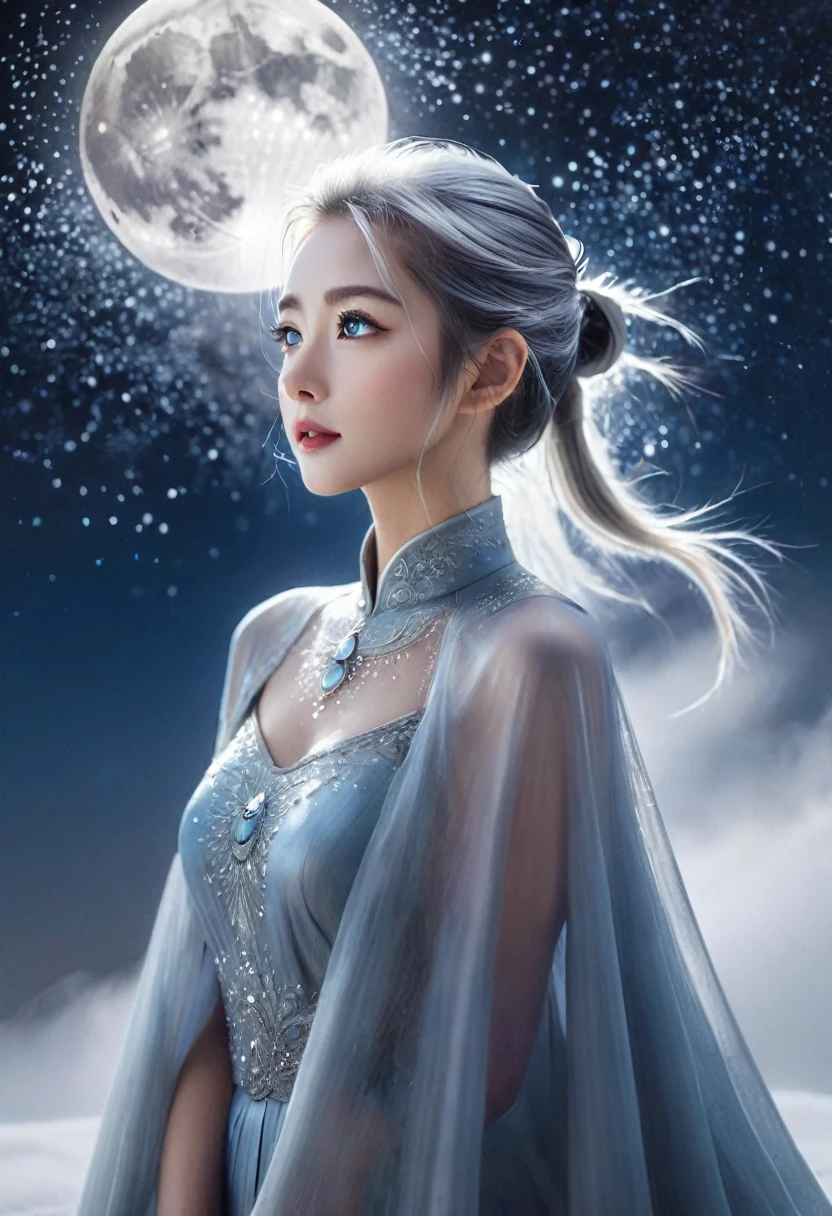 masterpiece, (Highest quality: 1.2), (Super fine: 1.2), figure, (Very delicate and beautiful: 1.2), Film Angle, floating, (Beautiful detailing: 1.1), (Detail Light: 1.1), Film Light, Delicate Sky, woman, Gray Hair, Blue eyes, (High Ponytail: 1.1), cape, Glowing Eyes, (moon: 1.2), (moonlight: 1.1), Starry Sky, (Particles of light: 1.1), fog , Snow Painting, sketch, flowering,Front image