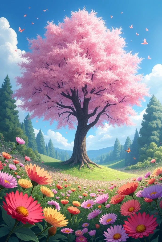 A big Sakura tree in the Sakura forest and the field filled with flowers with butterfly and birds chirping in the sky