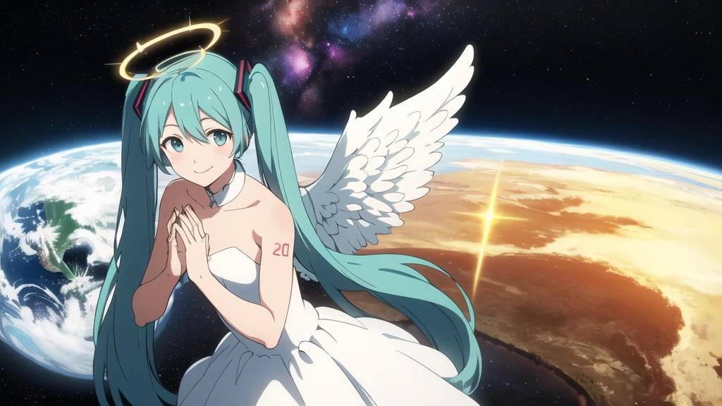 masterpiece, Highest quality, big　hatsune miku,smile, White gown, Angel, Angel wings, Golden halo, Space Background, Upper Body,Small Earth,embrace the earth with both hands, Looking at the Earth