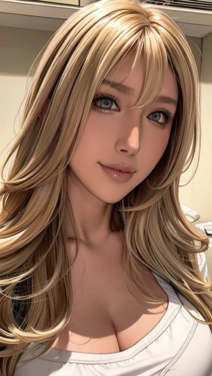 Huge breasts,valley,Long Hair,bangs,blonde(Hair on one eye:0.8),Beautiful older sister,30 years old,Female doctor,nurse,white,close,Sweat,Glowing Skin,sexy,Sexy smile,hospital,Health Room
