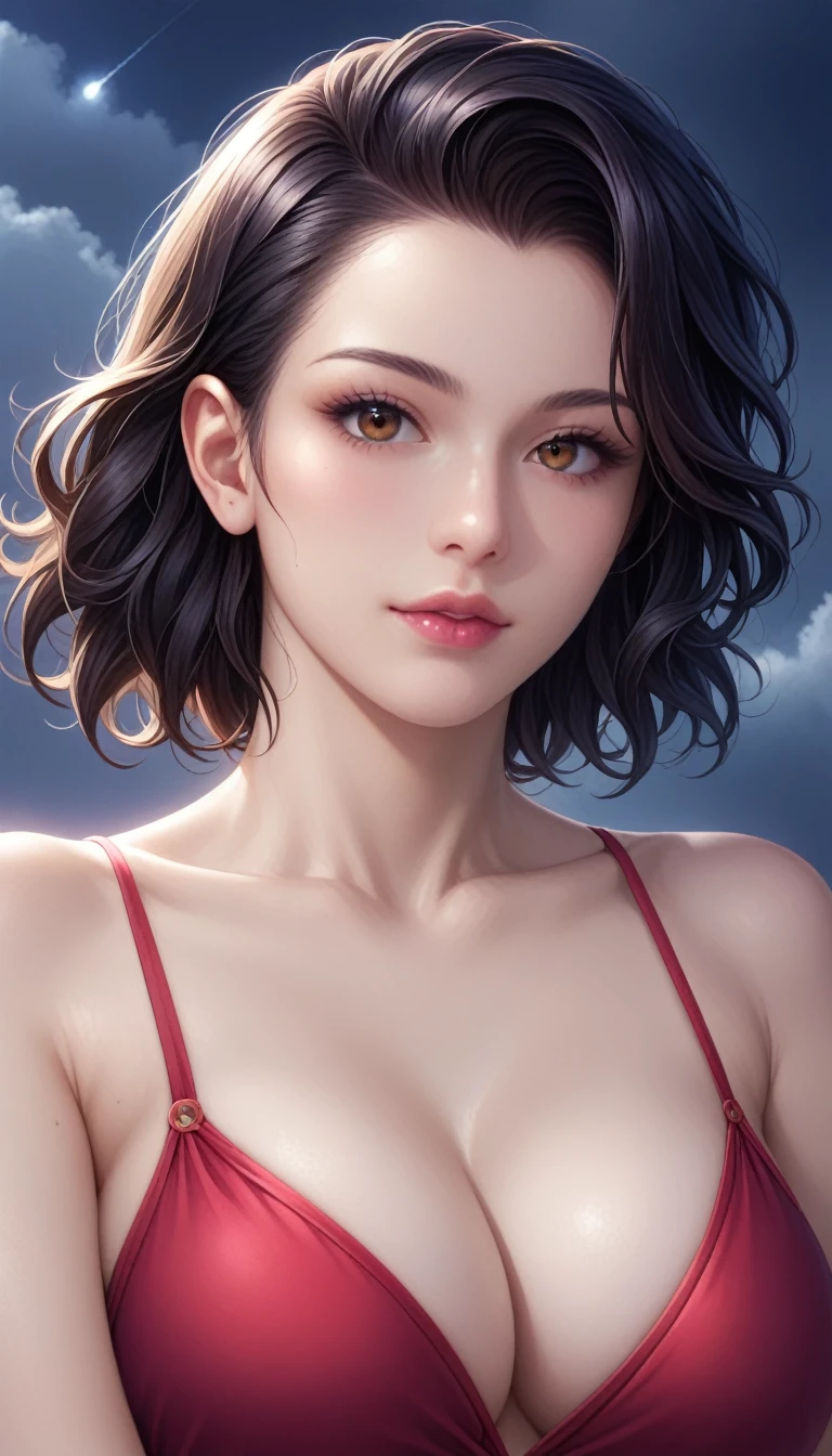 score_9, score_8_superior, score_7_superior, High-resolution CG illustration,A masterpiece in 32K resolution,Highest quality,it is really amazing,Very detailed,Ultra-high resolution,Ultra-realistic,Realistic,Increased depth of field,Cinematic lighting,
Sexy mature Japan woman,
Long black hair,Showing his forehead,Ultra-detailed and beautiful face,Calm and gentle look,Beautiful brown eyes,Translucent white skin,Realistic skin texture,Great proportions,
Elegant red swimsuit,
Simple design,Chic color scheme based on red,Detailed fabric texture,
(Dark overcast sky on a dull night:1.1),(Dark clouds filling the sky:1.1),Thundercloud,Coastline at night,Stormy seas,delay々A desolate sandy beach that continues,
Beautiful cleavage,Low - Angle,