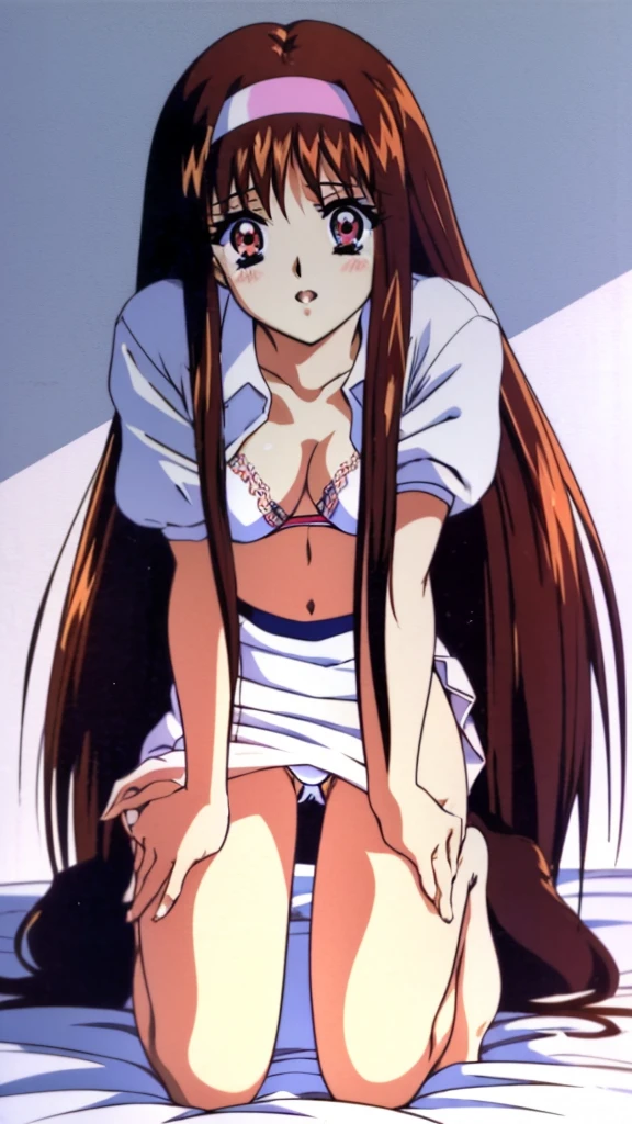 Yuuki Mizuho, One person, alone, Long Hair, hair band, Brown Hair, Red eyes, Open your mouth, blush, Lips parted, liar, ((Sitting on the bed and masturbating while watching the viewers)) , White bed, From below, White Bra,White pants, barefoot, Lack of shoes, White Skirt, mini skirt, No shirt, 1990s (style), expensive quality, very_expensive_solve, big_file size, Full Color, (skirt lift:1.3), (from bottom:1.3),nsfw,(bottomless:1.4),( bare pussy:1.4),pussy line, pants taken off, panties, (panty pull:1.3),panties, pulled down to knees,(pussy peek:1.3),