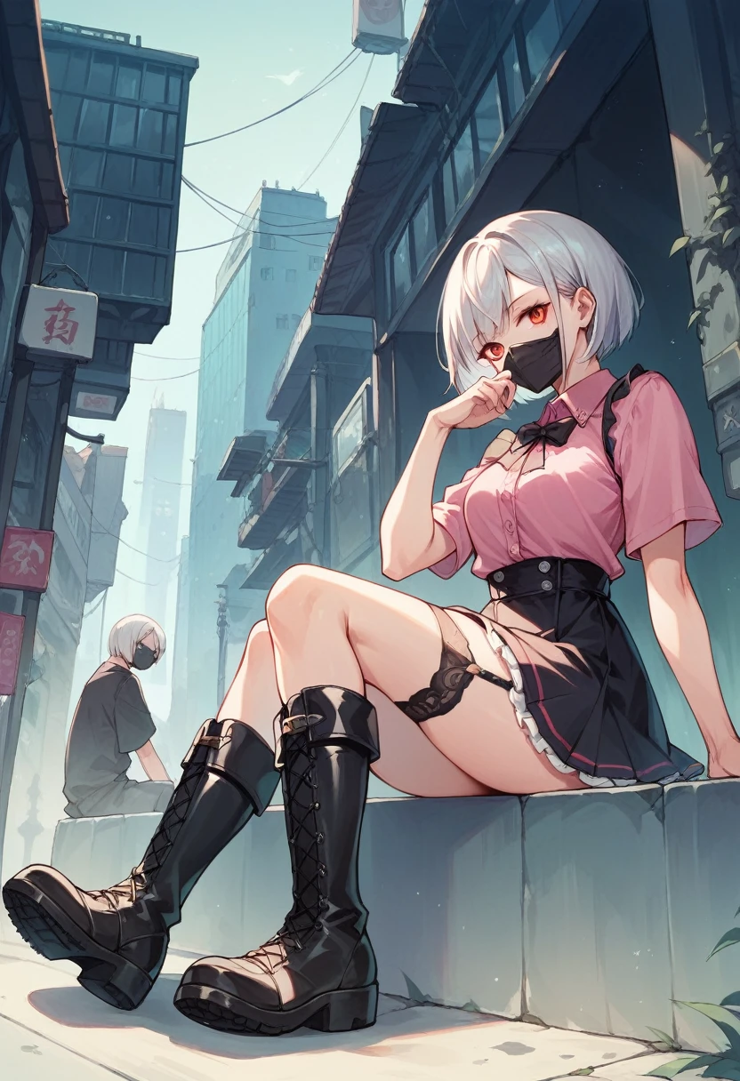 ultra detailed,1girl,silver hair,bob cut,red eyes,lace up shirt,pink shirt,frill mini skirt,black skirt,black boots,sitting,garter ring,black mask,night city